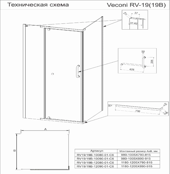 Душевой угол Veconi  RV19B-10080-01-C6 100x80 стекла прозрачные, профиль черный