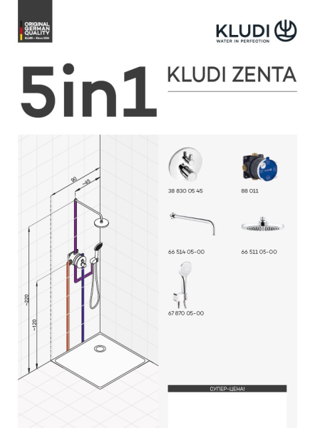 Душевая система со смесителем Kludi Zenta 388320545 монтаж встраиваемая в стену с термостатом хром