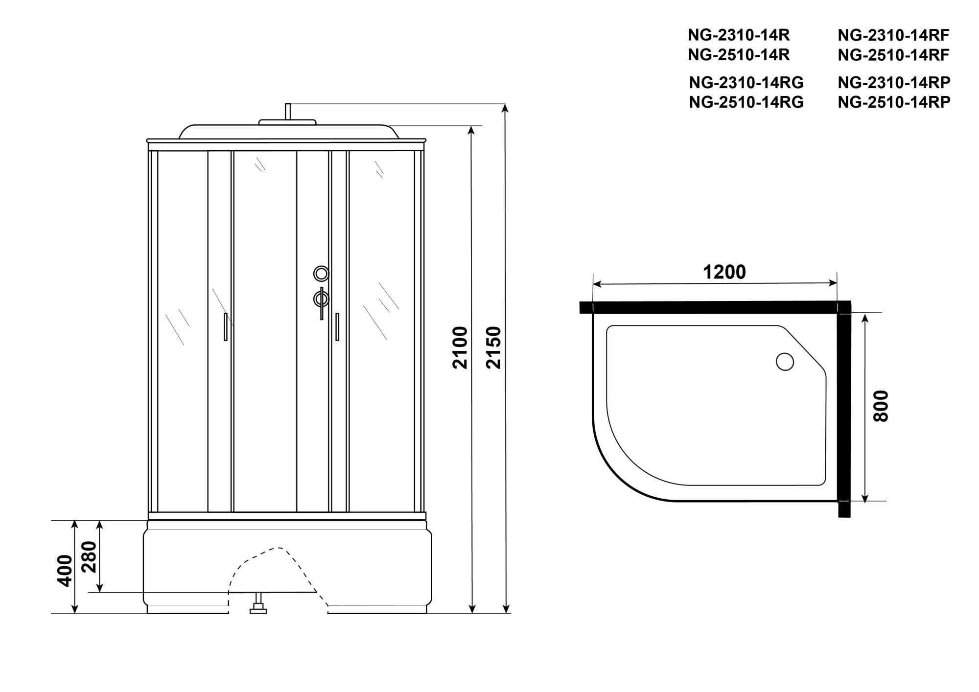 Душевая кабина с крышей Niagara Classic NG-2310-14RF асимметричная  120x80 стекла матовые, профиль матовый хром