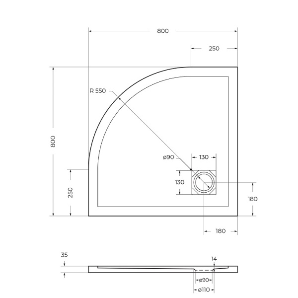 Душевой поддон низкий BelBagno Uno TRAY-MR-UNO-R-80-550-35-W-BO четверть круга литьевой мрамор 80x80 белый