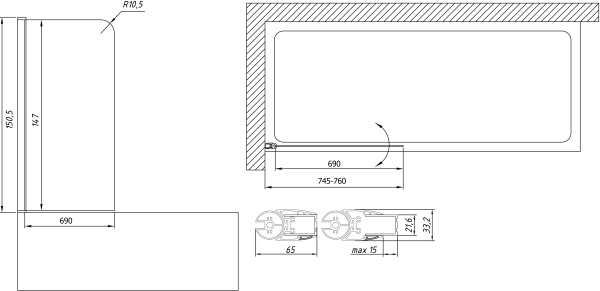 Шторка для ванны распашная  Vegas Glass EV Lux EV LUX 75 09 01 L 75 см, стекла прозрачные, профиль золото