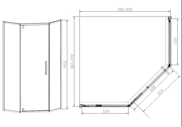 Душевой угол Vincea Slim-N VSP-4SN100CLGM пятиугольный 100x100 стекла прозрачные, профиль вороненая сталь