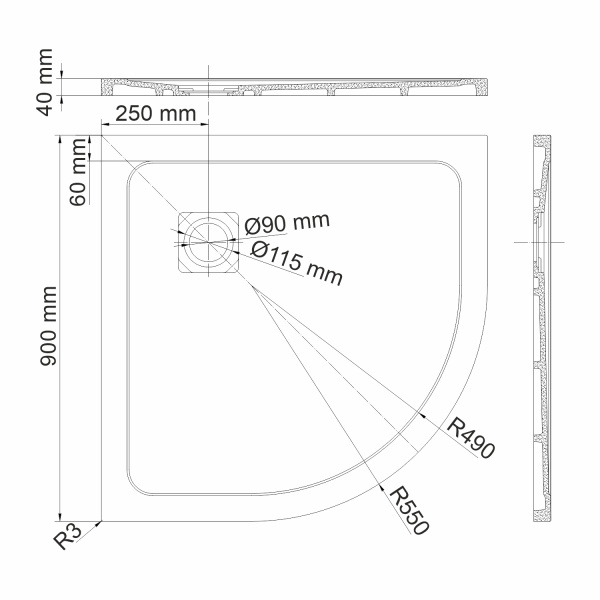 Душевой поддон низкий Wasserkraft Dinkel 58T01 четверть круга литьевой мрамор 90x90 белый