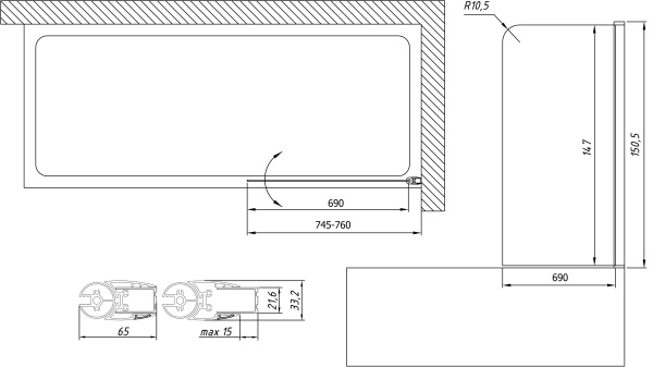 Шторка для ванны распашная  Vegas Glass EV Lux EV LUX 75 09 01 R 75 см, стекла прозрачные, профиль золото