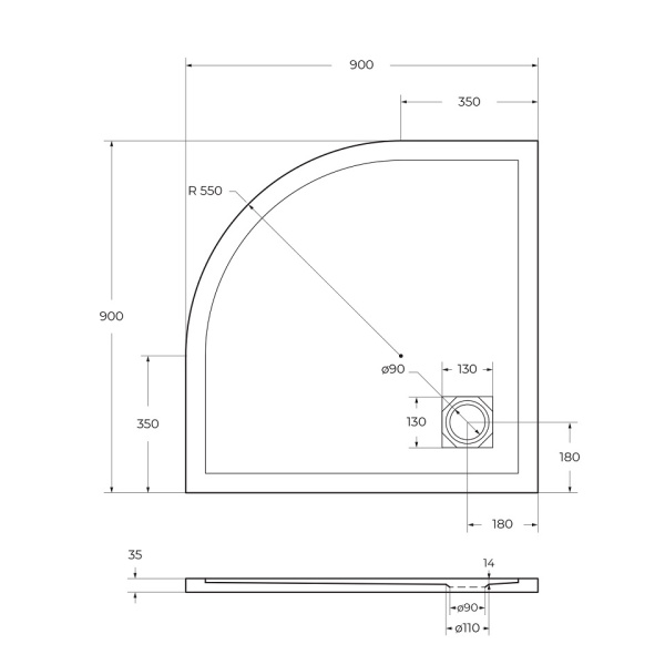 Душевой поддон низкий BelBagno Uno TRAY-MR-UNO-R-90-550-35-W-NO четверть круга литьевой мрамор 90x90 белый