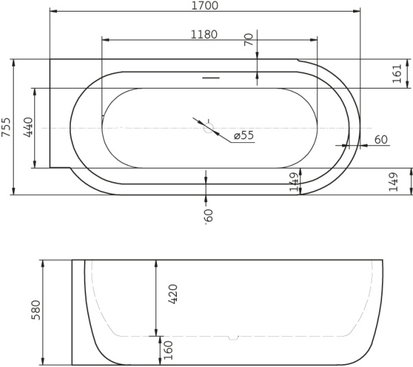 Акриловая ванна BelBagno  BB11-1700L 170x75.5