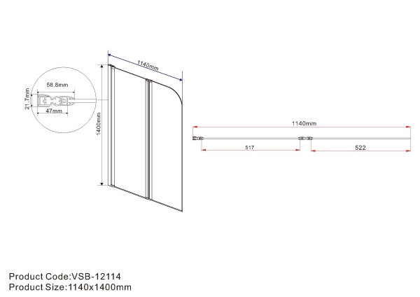 Шторка для ванны распашная  Vincea VSB-12 VSB-12114CLB 114 см, стекла прозрачные, профиль черный