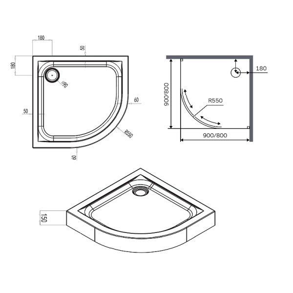 Душевой поддон низкий Am.Pm X-Joy W88T-205-090W64 четверть круга акрил 90x90 белый