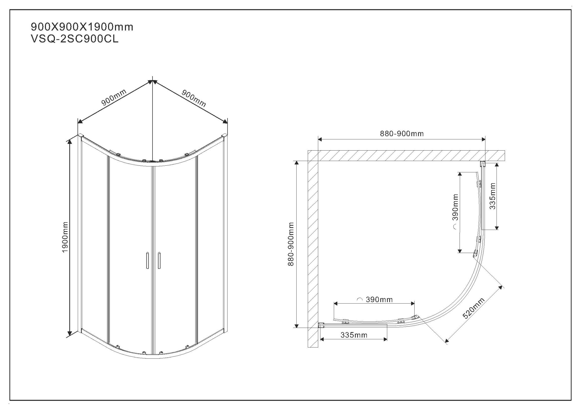 Душевой угол Vincea Scala VSQ-2SC900CL четверть круга 90x90 стекла прозрачные, профиль хром