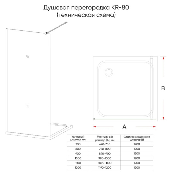 Душевая перегородка Veconi Korato KR80-90-01-C8 90 см, стекла прозрачные, профиль черный матовый