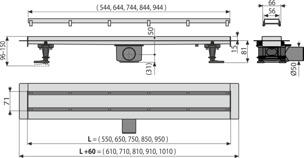 Душевой трап горизонтальный AlcaPlast APZ13 Fit and Go APZ13-DOUBLE9-650 65 см, решетка под плитку
