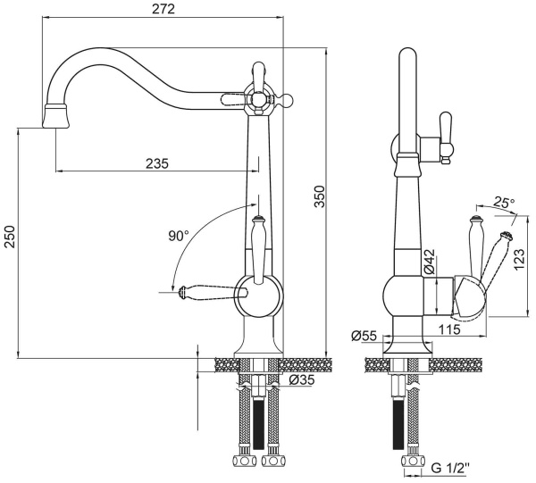 Смеситель для кухни Paulmark Retro Re213226-GM с подключением к фильтру воронёная сталь