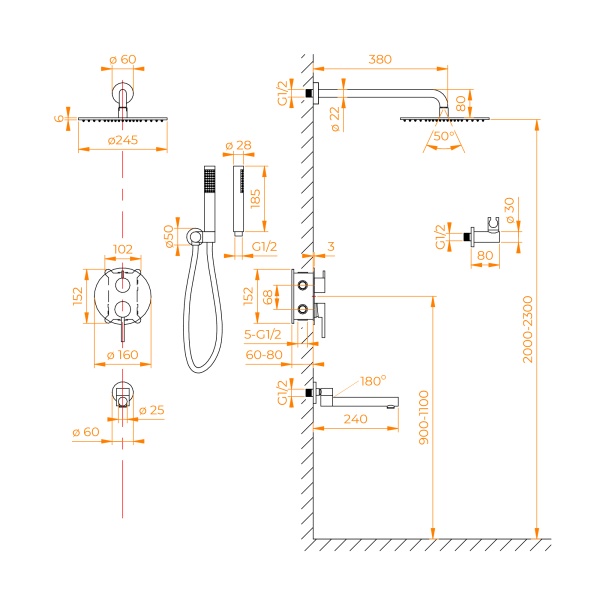 Душевая система со смесителем RGW Shower Panels 51140855-04 монтаж встраиваемая в стену без термостата черный