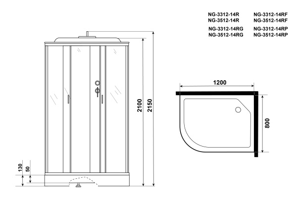 Душевая кабина с крышей Niagara Classic NG-3312-14R асимметричная  120x80 стекла матовые, профиль матовый хром