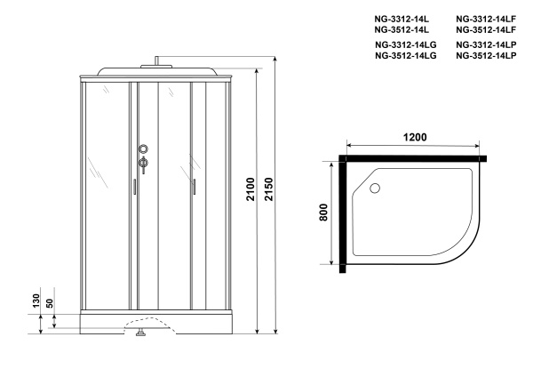 Душевая кабина с крышей Niagara Classic NG-3512-14L асимметричная  120x80 стекла тонированные, профиль матовый хром