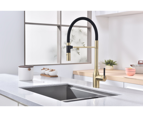 Смеситель для кухни Paulmark MAGNETO ONE Ma213188-LG с подключением к фильтру светлое золото