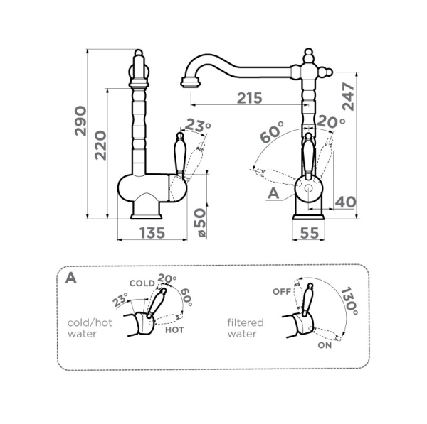 Смеситель для кухни Omoikiri Kyoto 2 Plus 4994352 с подключением к фильтру античное серебро