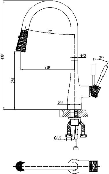 Смеситель для кухни D&K Rhein DA1462517D без подключения к фильтру черный/золото