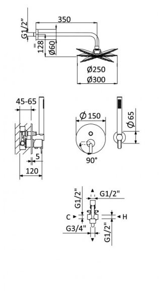 Душевая система со смесителем Cezares Leaf LEAF-DSIP-T-25-SR монтаж встраиваемая  в стену с термостатом sunrise