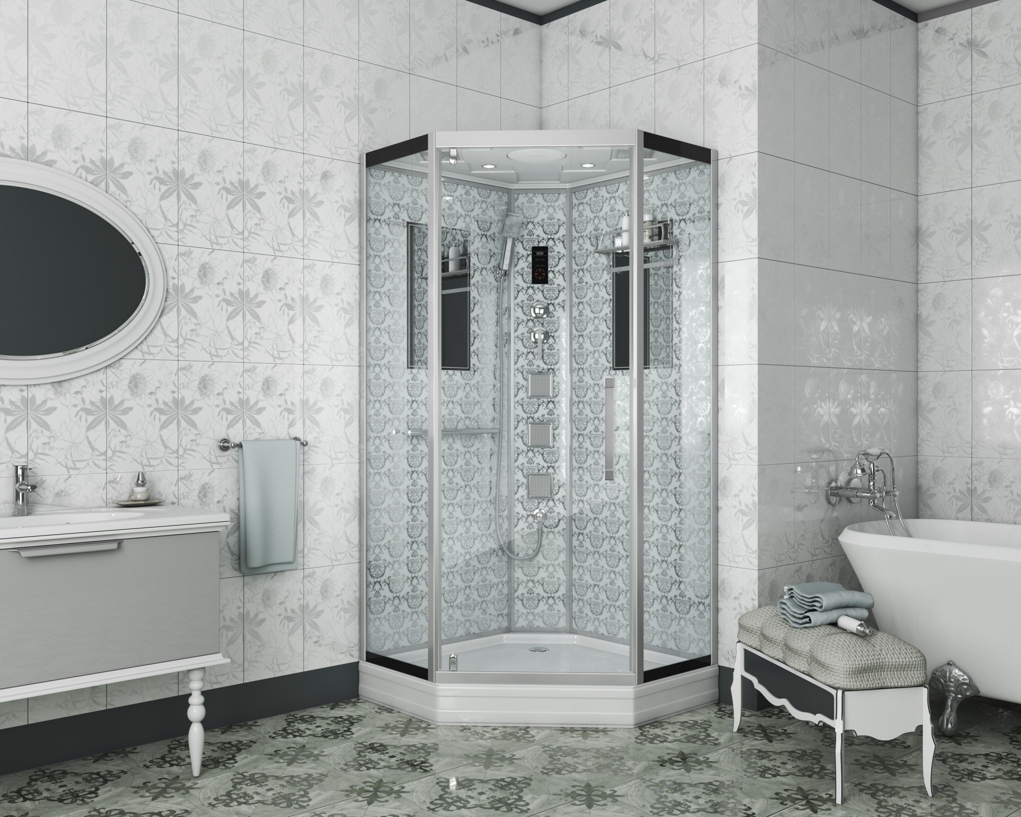 Душевая кабина с крышей Niagara Luxe 7717W пятиугольная   стекла , профиль хром